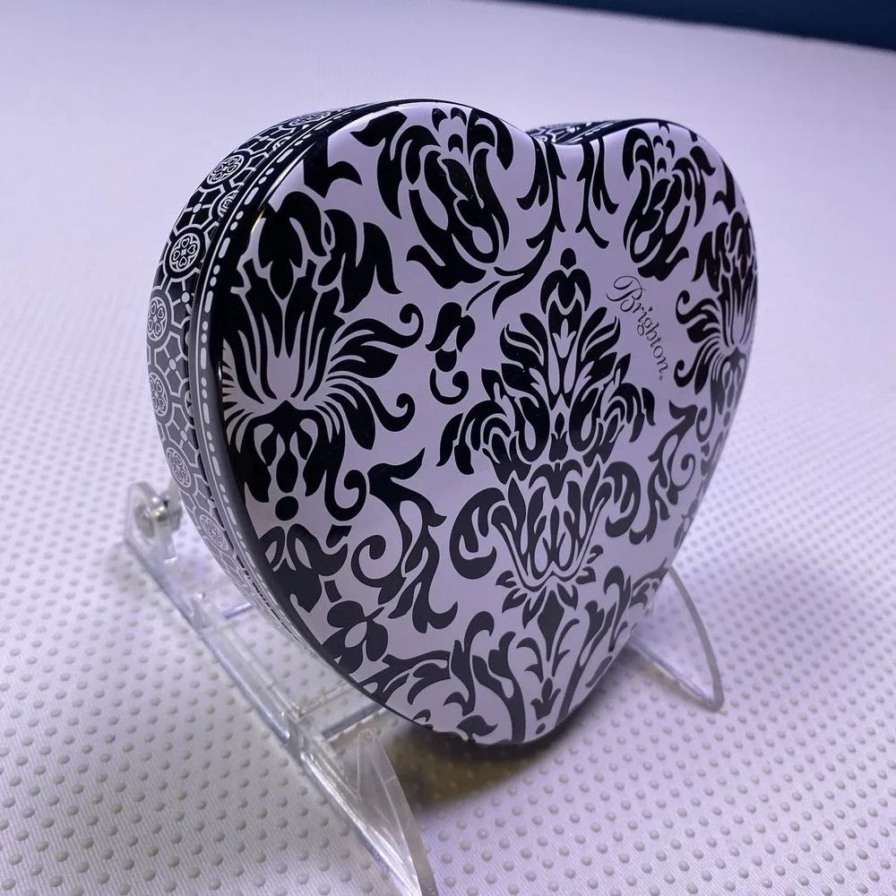 Brighton‎ Heart Shaped Metal Tin Box Black & White Jewelry Trinket Case With Lid